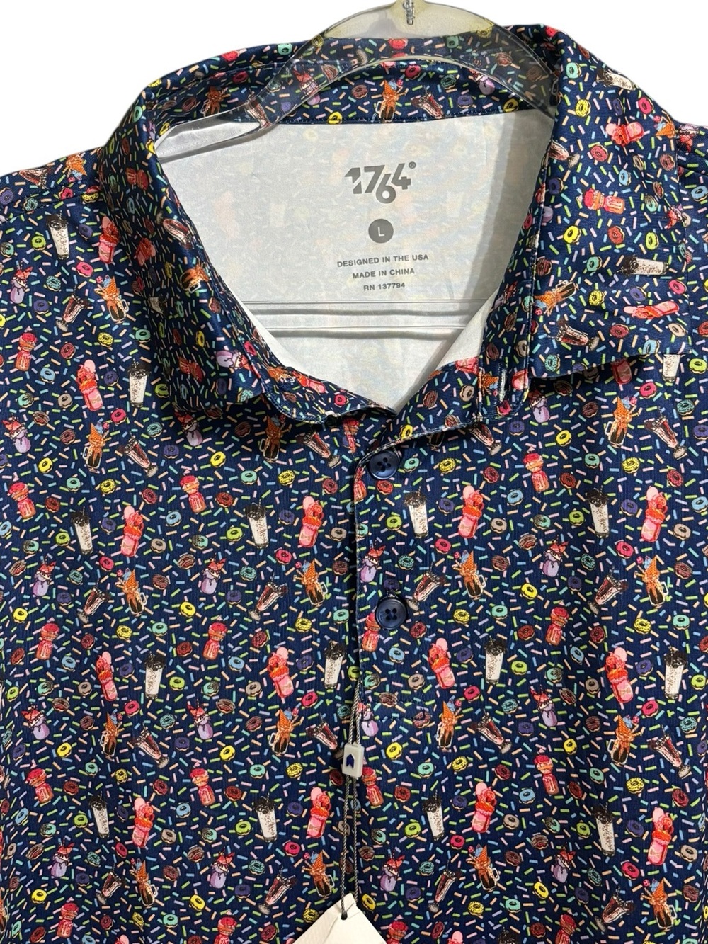 New 1764 Signature golf polo DONUTS & MILKSHAKES Mens Lg Short Sleeve Blue
